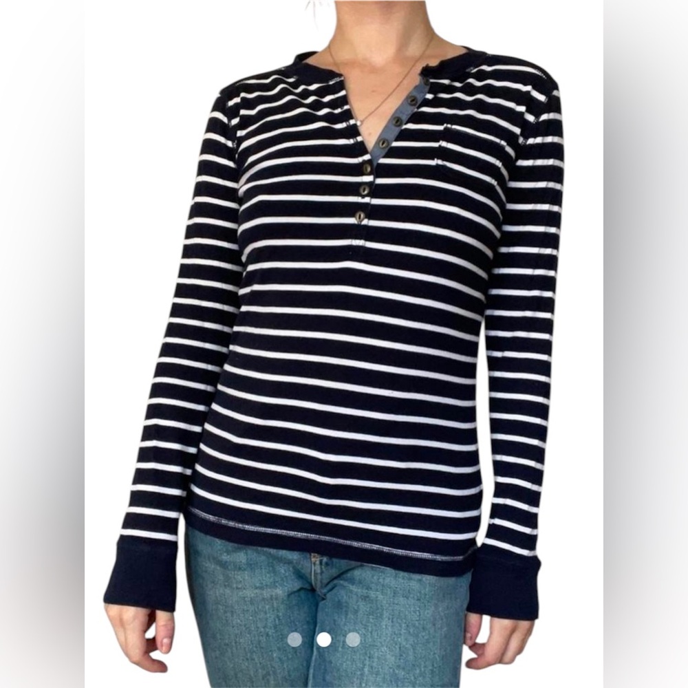 Lauren Ralph Lauren Women’s Black White Striped Pocket Long Sleeve Henley Size L - Picture 2 of 11
